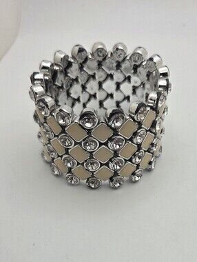 Cream Tile Rhinestone Stretch Wide Cuff Bracelet Neutral